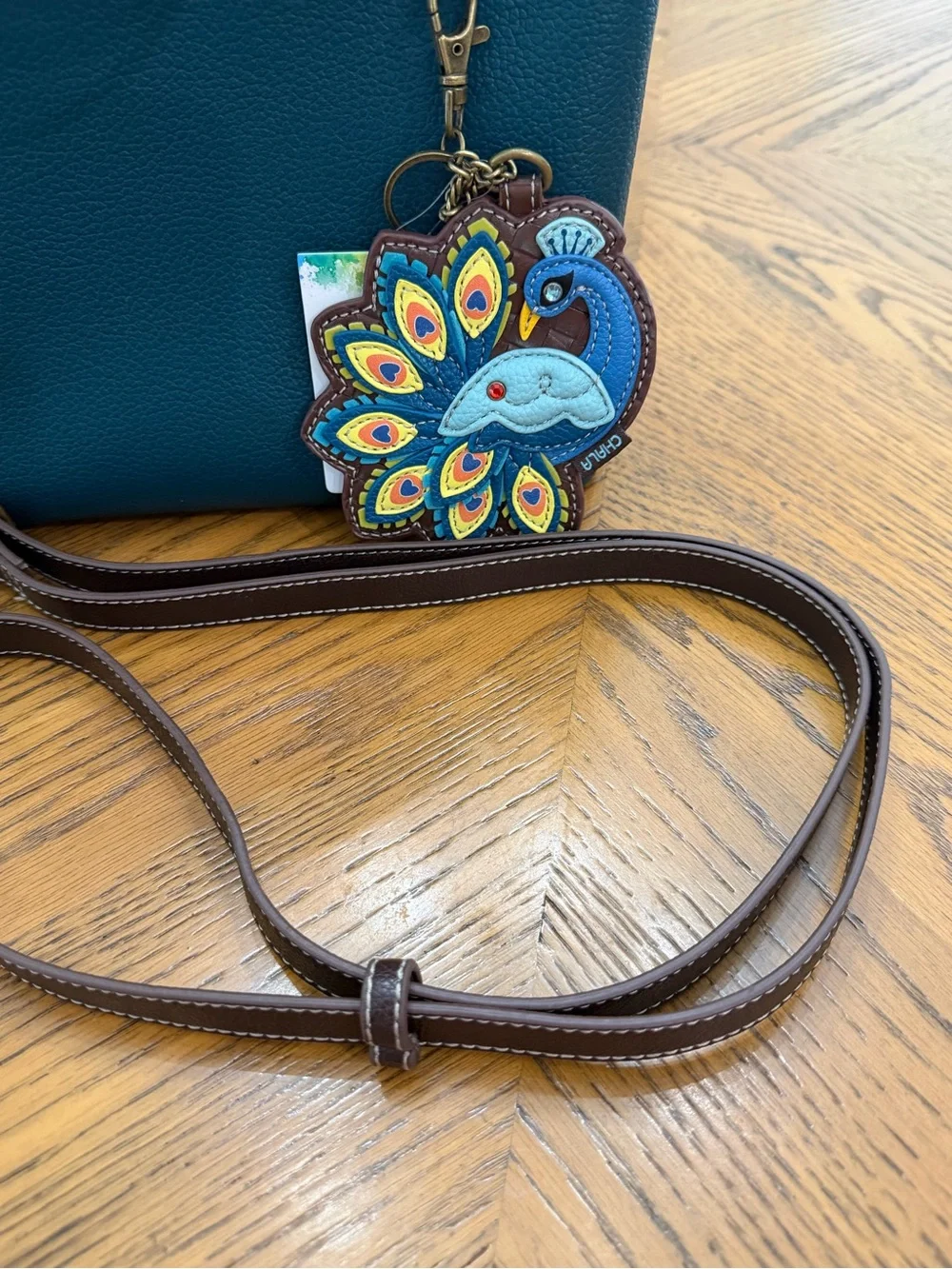Chala Teal and Brown Leather Top-Handle Bag and Peacock Charm Purse